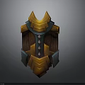 3D Model Decorative Shield with Golden Brown Metallic Wooden Texture and Ornate Geometric Design