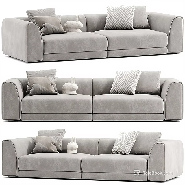 Gray Two Seater Sofa With Geometric Pattern Pillows And Rabbit Figurine Decor 3d model