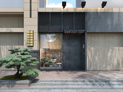 Modern Storefront Design With Stone Walls Glass Door Stone Steps And Potted Pine Tree 3d model