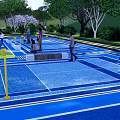 Fire Rescue Access Area in Outdoor Sports Field With Blue Surface And Yellow Safety Lines