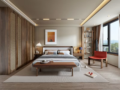 Modern Bedroom Interior Design With Wooden Bed Red Chair Wall Art And Area Rug 3d model