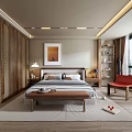 Modern Bedroom Interior Design With Wooden Bed Red Chair Wall Art And Area Rug