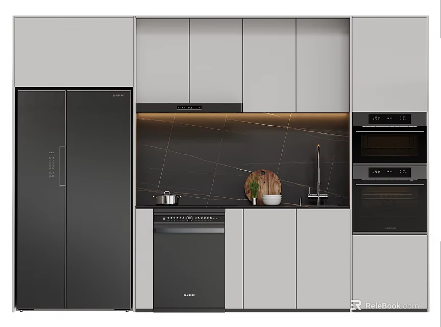 Modern Kitchen Interior Featuring Sleek White Gray Cabinets Countertop And Integrated Appliances 3d model