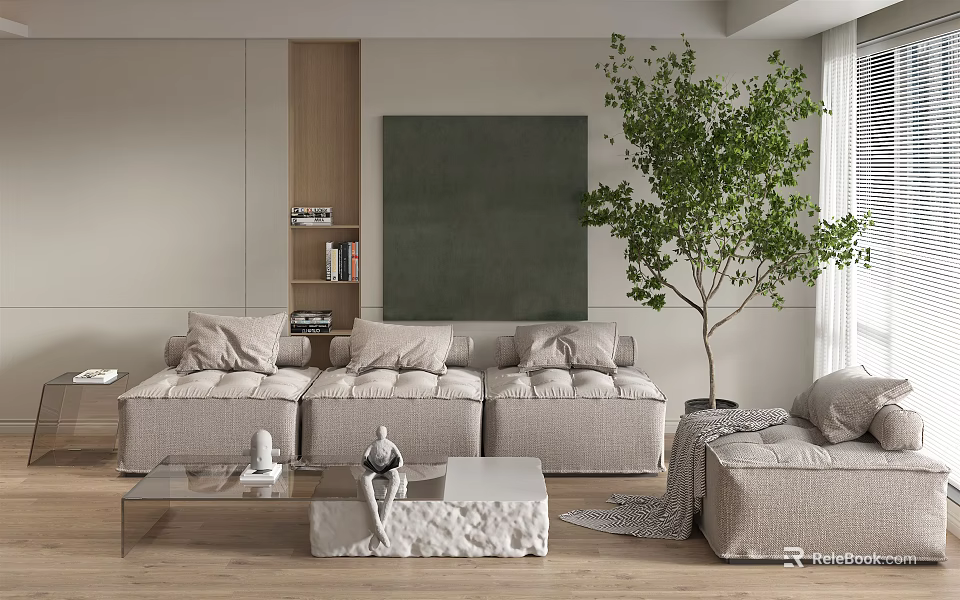 Modern Living Room Interior With Beige Sofa Green Artwork Large Plant And Glass Coffee Table 3d model 