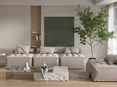 Modern Living Room Interior With Beige Sofa Green Artwork Large Plant And Glass Coffee Table 3d model
