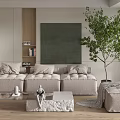 Modern Living Room Interior With Beige Sofa Green Artwork Large Plant And Glass Coffee Table