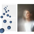 Wall Art with Blue Dots on Lined Paper and Blurred Person in White Shirt
