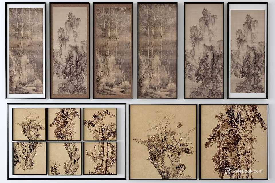 Vintage Botanical Paintings With Various Tree Branches In Multiple Framed Designs 3d model 