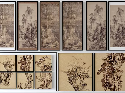 Vintage Botanical Paintings With Various Tree Branches In Multiple Framed Designs 3d model
