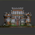 Cartoon Castle Scene With Dome Shaped Towers Stone Stairs Green Grass And Red Doors