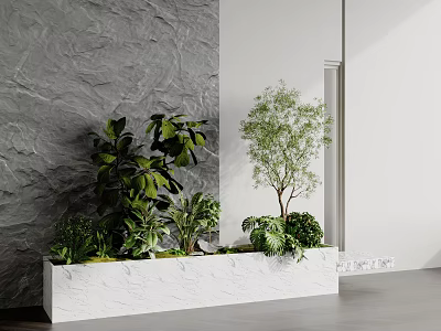 Indoor Plant Combination in White Planter with Gray Textured Wall and Green Foliage 3d model