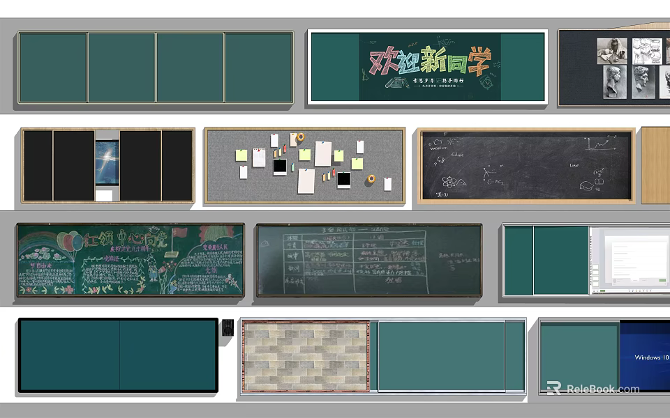 Classroom Decorative Hanging With Green Panels And Various Blackboard Designs 3d model 