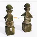 Traditional Stone Wood Garden Decor With Two Moss Covered Stacked Stone Structures 3d model