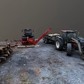 Two Black Tractors With Wood Logs And Trailer In Rural Work Scene
