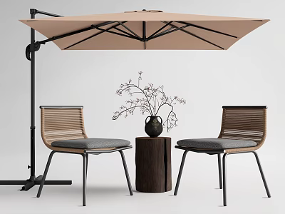 Stylish Woven Outdoor Chairs with Patio Umbrella Small Table and Decorative Flower Vase 3d model
