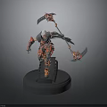 3D Character Model With Red Armor White Hair And Dual Blue Blades On Black Base