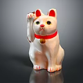 White Maneki Neko Decorative Ornament Set With Red Collar And Gold Bell Raised Paw