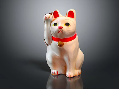 White Maneki Neko Decorative Ornament Set With Red Collar And Gold Bell Raised Paw 3d model