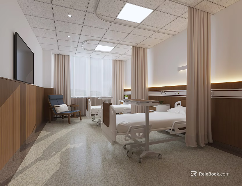 Modern Hospital Outpatient Ward Interior With Comfortable Beds TV And Wooden Walls 3d model 