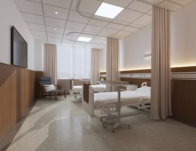 Modern Hospital Outpatient Ward Interior With Comfortable Beds TV And Wooden Walls 3d model