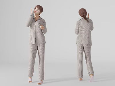 Woman Wearing Striped Pajamas Set Adjusting Hair Front And Back Views 3d model