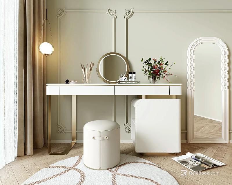 White Dressing Table With Golden Legs Round Mirror Stool Flower Arrangement Light Wall Wooden Floor 3d model 