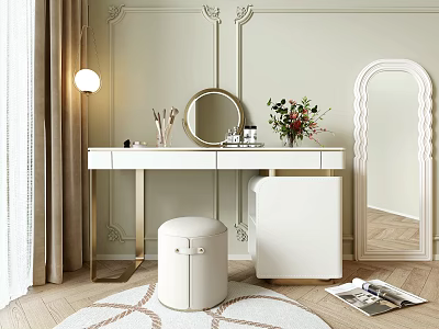 White Dressing Table With Golden Legs Round Mirror Stool Flower Arrangement Light Wall Wooden Floor 3d model