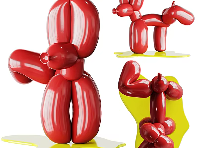 Modern Decorative Ornament Set Featuring Red Balloon Dogs On Yellow Stands 3d model