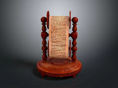 Decorative Wooden Scroll Stand Furniture With Carved Pillars And Rolled Manuscript 3d model