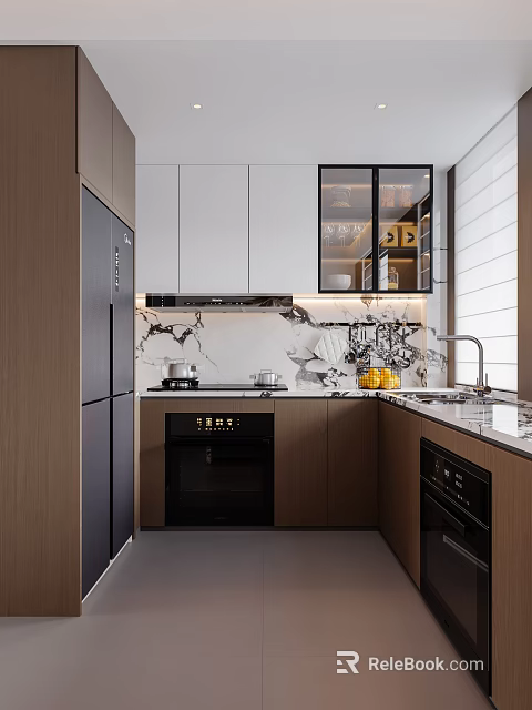 Bright Modern Kitchen Interior With White Brown Cabinets Marble Countertop And Glass Door Upper Cabinets 3d model 