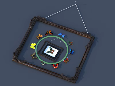 Commercial Equipment Hanging Frame With Circular Green Ring Central Square Device And Colorful Small Objects 3d model