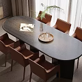 Oval Dark Wooden Dining Table Set With Six Brown Chairs And Tray Glassware Green Plant