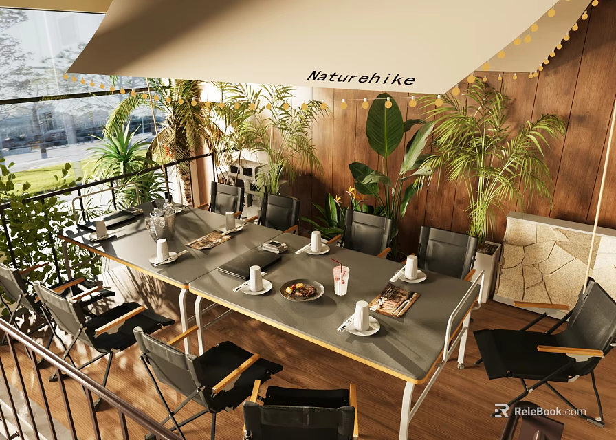 Outdoor Terrace Table And Chairs Set With Plants Tableware And Wooden Background 3d model 