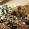 Outdoor Terrace Table And Chairs Set With Plants Tableware And Wooden Background