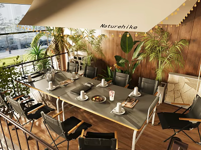Outdoor Terrace Table And Chairs Set With Plants Tableware And Wooden Background 3d model