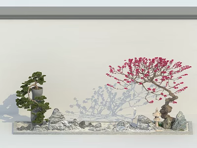 Artistic Garden Ornament Display With Bonsai Trees Red Flowering Plant Rocks And Sand 3d model