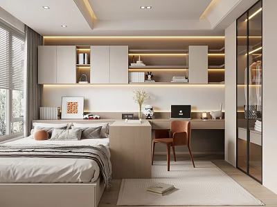 Modern Tatami Bedroom Interior Design With Writing Desk Accent Chair And Built in Shelves 3d model