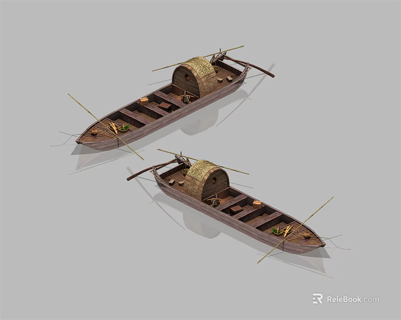 Traditional Wooden Boats With Bamboo Canopies And Oars On Smooth Surface 3d model 