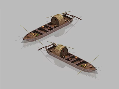 Traditional Wooden Boats With Bamboo Canopies And Oars On Smooth Surface 3d model