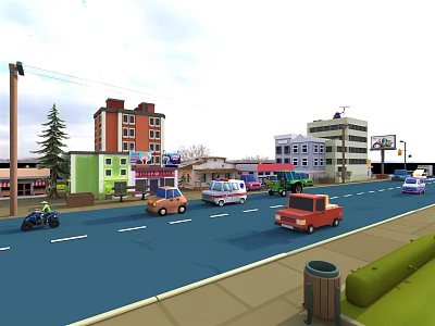 Cartoon City Street Scene With Colorful Buildings Cars Trucks And Trees 3d model