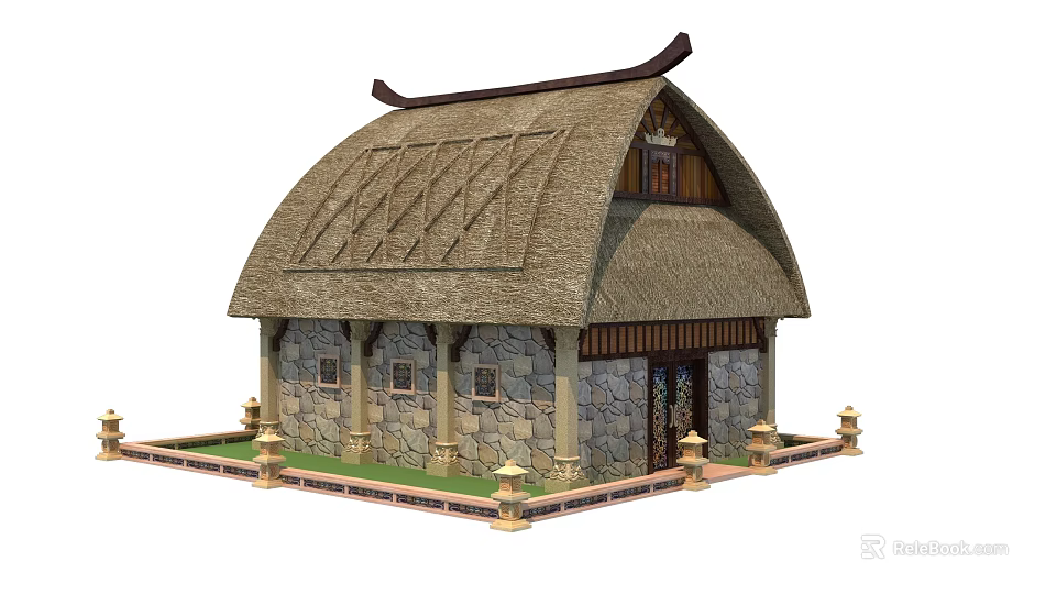 Traditional Thatched House With Stone Walls Curved Roof And Decorative Pillars 3d model 