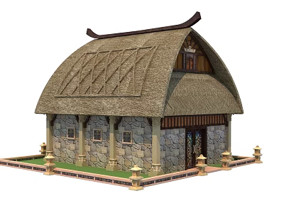 Traditional Thatched House With Stone Walls Curved Roof And Decorative Pillars 3d model