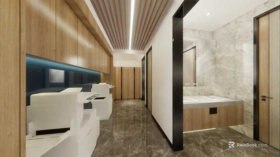 Modern Public Toilet Interior With Wooden Cabinets Marble Walls And Washbasins 3d model 