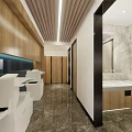 Modern Public Toilet Interior With Wooden Cabinets Marble Walls And Washbasins
