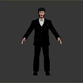Man in Formal Suit Standing with Outstretched Arms Against Gray Background