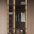 Modern Wooden Wardrobe With Glass Doors LED Lights Layered Shelves And Hanging Clothes
