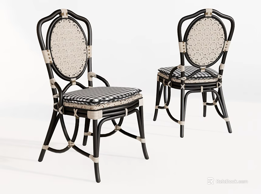 Rattan Accent Chairs With Round Back Striped Cushion Black And Beige Vintage Design 3d model 
