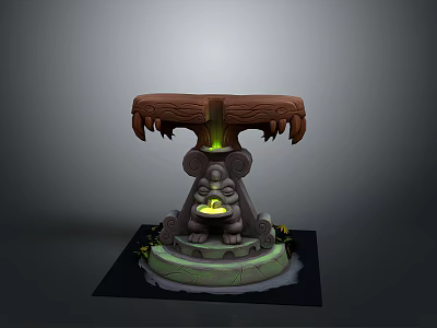 Enchanted Landscape With Wooden Stump Altar Claws Small Statue Glowing Green Light And Yellow Flowers 3d model