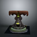 Enchanted Landscape With Wooden Stump Altar Claws Small Statue Glowing Green Light And Yellow Flowers