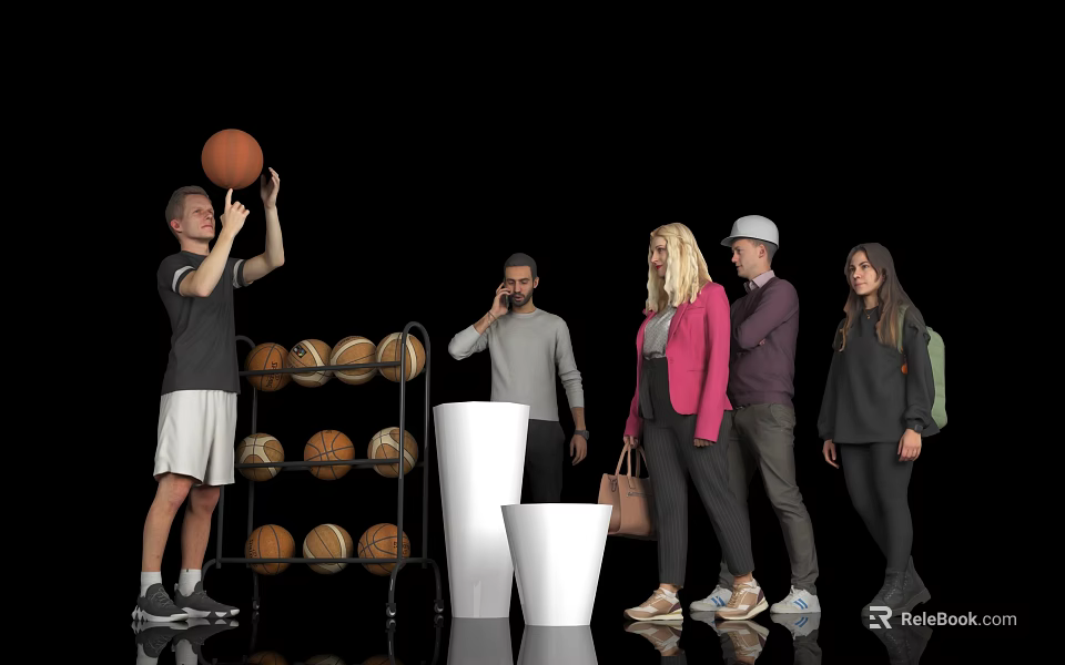 Group of People Playing Basketball With Shooting Action And Basketball Racks 3d model 
